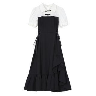 Short-sleeve Lace-up Irregular Midi A-line Dress