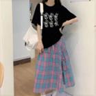 Short-sleeve Rabbit Print T-shirt / Plaid Midi A-line Skirt
