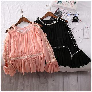 Bell-sleeve Cutout-shoulder Beaded Chiffon Top Pink - S