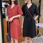 Short-sleeve Tie-waist Buttoned Mini A-line Dress