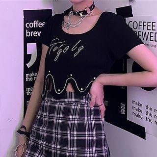Asymmetric Hem Rhinestone Letter Cropped Top Black - One Size