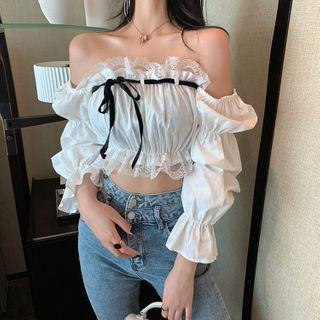 Lace Trim Bell-sleeve Cropped Blouse White - One Size