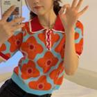 Short-sleeve Jacquard Knit Polo Shirt Orange & Blue - One Size