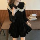 Lace Trim Collar Mini A-line Dress Black - One Size