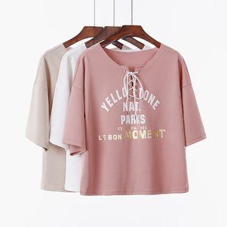 Elbow-sleeve Lace-up Lettering Top
