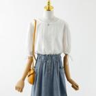 Elbow-sleeve Blouse / Denim Midi A-line Skirt