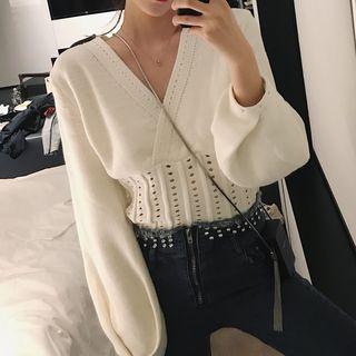 V-neck Balloon-sleeve Sweater White - One Size