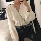 V-neck Balloon-sleeve Sweater White - One Size