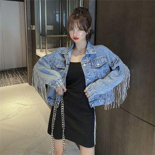 Fringed Trim Denim Button Jacket Blue - One Size