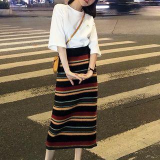 Short-sleeve Moon Embroidered T-shirt / Midi Striped Sheath Skirt