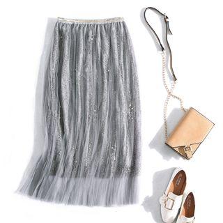 Mesh Overlay Midi Skirt Almond - One Size