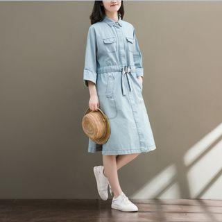 3/4-sleeve Drawstring Slit-side Dress