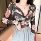 V-neck Floral Mesh Crop Top