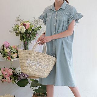 Frill-trim Shirred Shirtdress