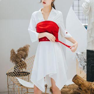 Set: Elbow-sleeve Shirt Dress + Belt