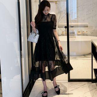 Set: Spaghetti Strap Mini Dress + Short-sleeve Lace Midi Dress