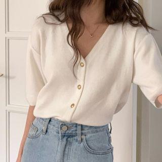 Elbow-sleeve V-neck Button-up Knit Top
