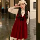 Bow Accent A-line Overall Dress / Puff-sleeve Mock-neck Top