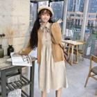 Long-sleeve Midi A-line Collared Dress / Open-front Cardigan