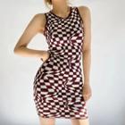 Sleeveless Checkered Knit Mini Sheath Dress