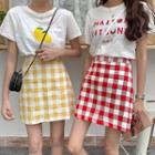Set: Short-sleeve Lemon Print T-shirt + Plaid A-line Skirt
