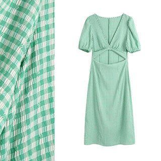 Keyhole Short Sleeve Check Dress