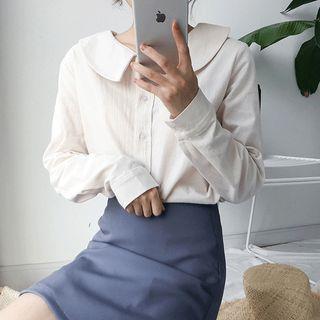 Plain Collared Long-sleeve Blouse