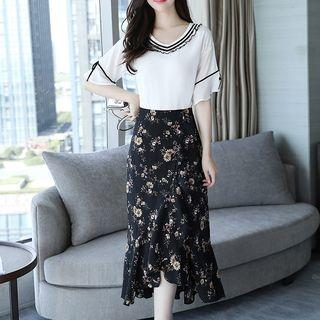 Set: Elbow-sleeve Frill Trim Chiffon Top + Floral Midi Mermaid Skirt