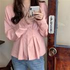 V-neck Long-sleeve Peplum Top Pink - One Size