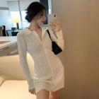 Long-sleeve Knit Mini Bodycon Shirtdress White - One Size