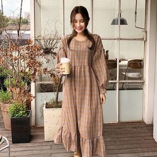 Ruffle-hem Plaid Maxi Dress Orange - One Size