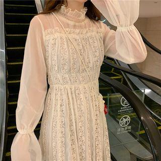 Bell-sleeve A-line Midi Lace Dress Mesh & Lace Dress - Off-white - One Size