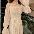 Bell-sleeve A-line Midi Lace Dress Mesh & Lace Dress - Off-white - One Size