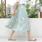 Leaf Print Midi A-line Skirt Mint Green - One Size