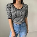 Puff-sleeve Plaid Cropped Top Black - One Size