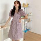 Short-sleeve Square-neck Plaid Mini A-line Dress