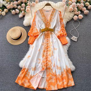 V-neck Butterfly Print Long-sleeve Dress