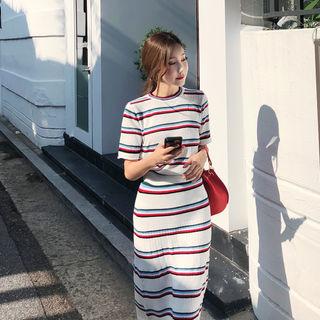 Set: Round-neck Stripe Knit Top + Midi Skirt