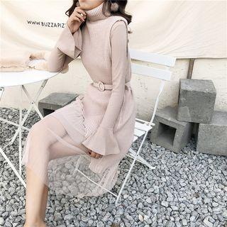 Long-sleeve A-line Mesh Panel Dress / Turtleneck Knit Vest