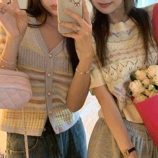Short-sleeve Striped Knit Cardigan / Short-sleeve Striped Knit Sweater