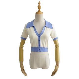Short-sleeve Open Collar Cropped Knit Top