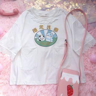 Lace Trim Short-sleeve Print T-shirt White - One Size