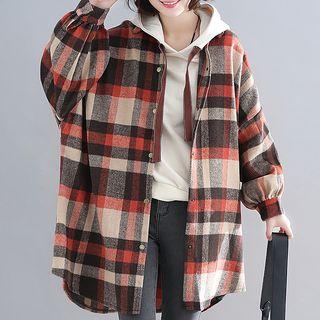 Plaid Lantern-sleeve Long Button Coat