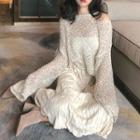 Cold Shoulder Mesh Knit Sweater / Crinkle A-line Midi Skirt