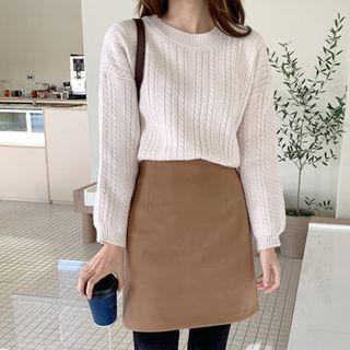 Drop-shoulder Cable-knit Sweater Light Beige - One Size