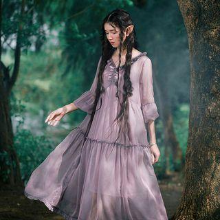 Set: Puff-sleeve Ruffle Midi Smock Dress + Slipdress Set Of 2 - Puff-sleeve Dress & Slipdress - Purple & White - One Size