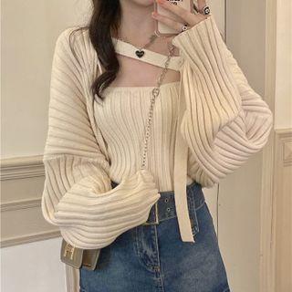 Set : Plain Knit Camisole Top + Long-sleeve Lace-up Jacket