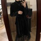 Long-sleeve Dotted Panel Midi Sheath Dress Black - One Size