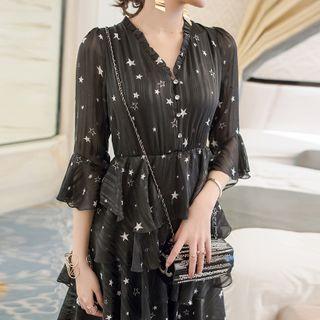 Elbow-sleeve Star Print A-line Layered Dress