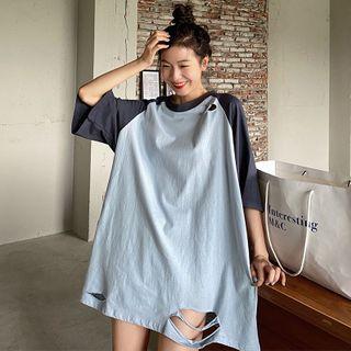 Distressed Elbow-sleeve Oversize Raglan T-shirt